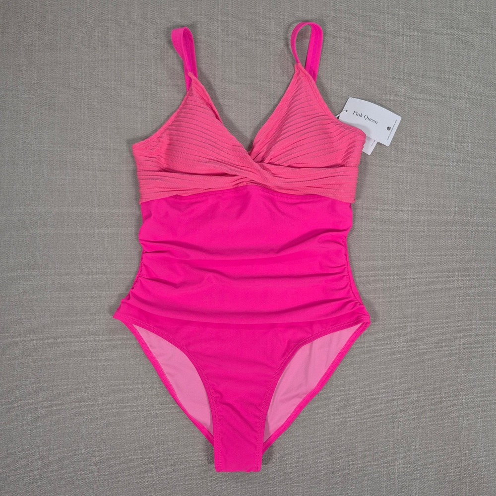 Pink Queen Womens Hot Pink Ruched Tummy Control One Piece Swimsuit Size M NWT
